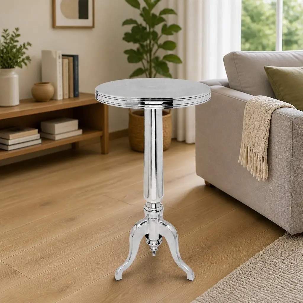 Round Side Table Silver Accent End Table Living Room Bedroom Nightstand Display