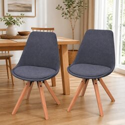 Dining Chairs 2 pcs Grey Fabric Retro Kitchen Seating Padded Seat Wooden Legs