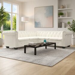 White Chesterfield Corner Sofa 5-Seater Tufted Studded Artificial Leather Lounge