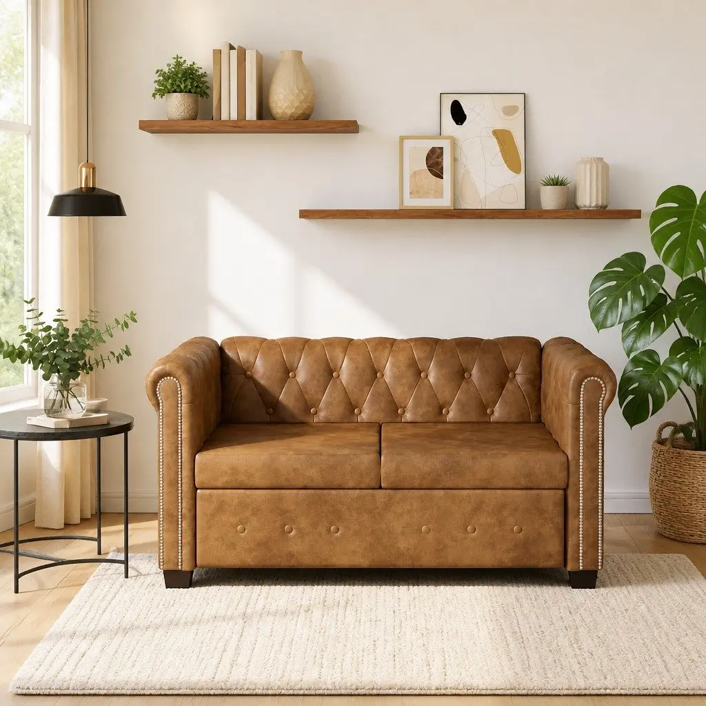 Chesterfield Sofa Brown Artificial Leather Tufted Studded 2-Seater