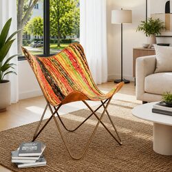 Butterfly Chair Multicolour Chindi Fabric Relaxation Lounge Seat Iron Frame