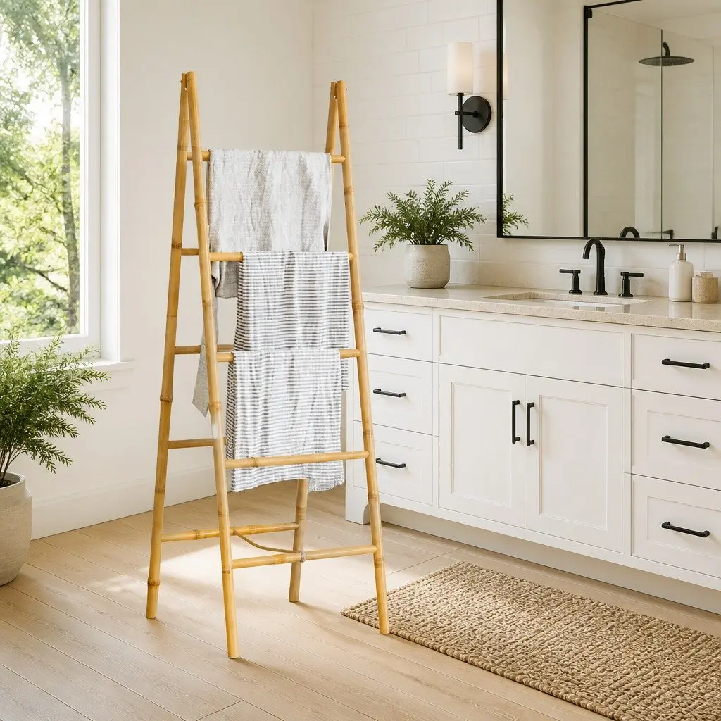 Double Towel Ladder with 5 Rungs Bamboo Brown Bathroom Rack 50x160cm