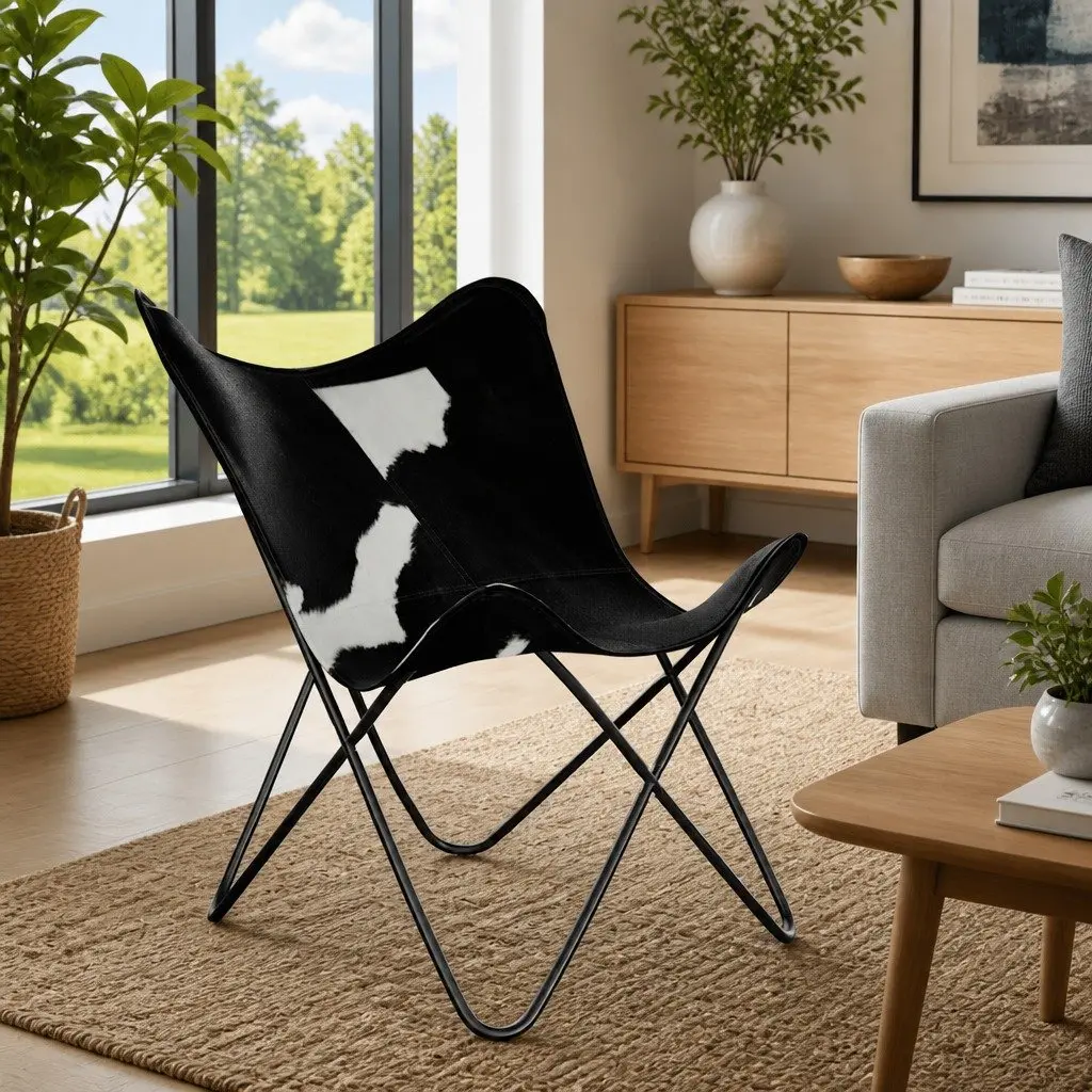 Butterfly Chair Black Real Cowhide Leather Armchair Accent Lounge Seating