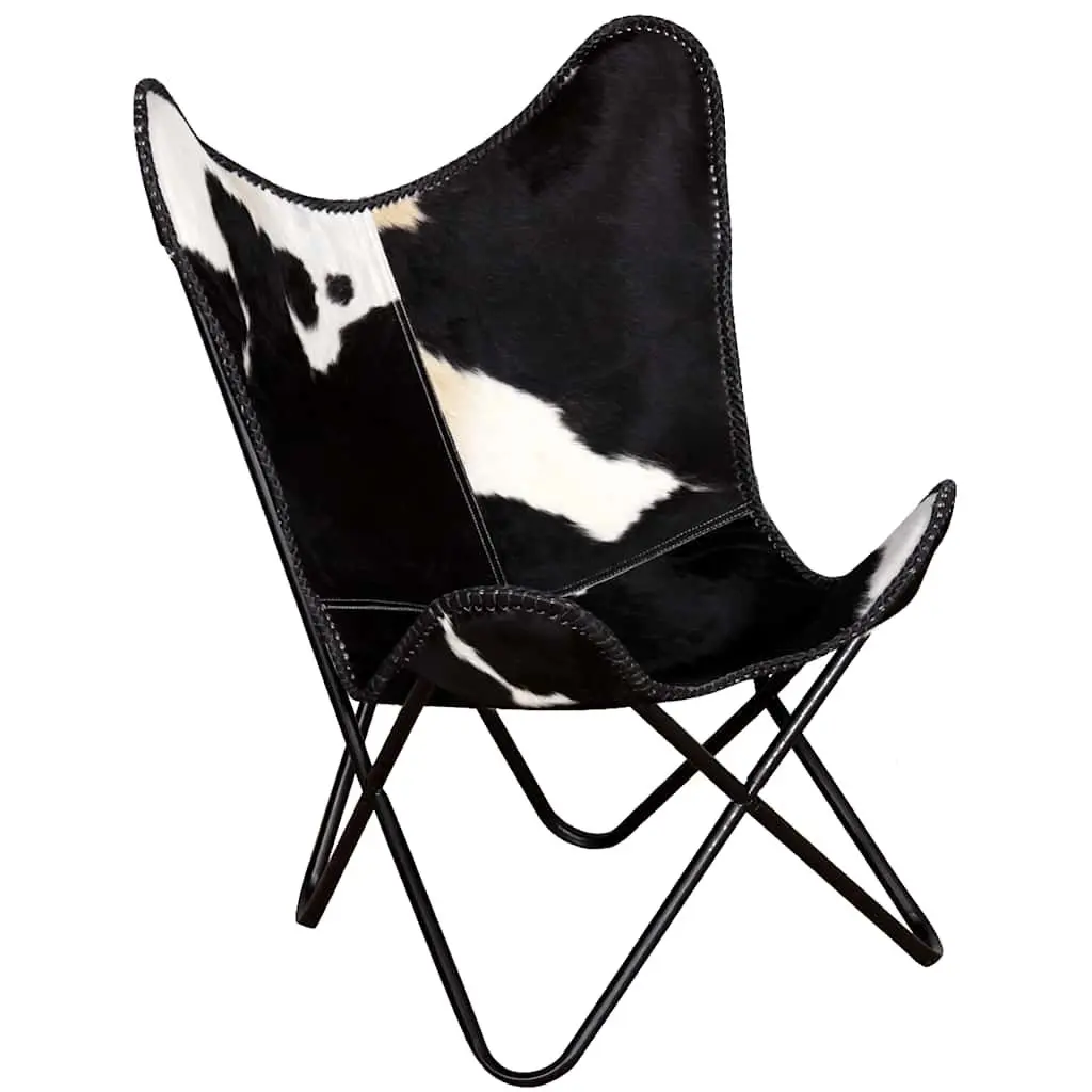 Butterfly Chair Black Real Cowhide Leather Armchair Accent Lounge Seating