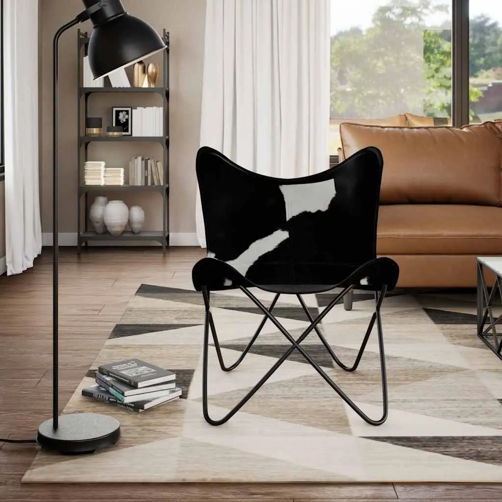 Butterfly Chair Black Real Cowhide Leather Armchair Accent Lounge Seating