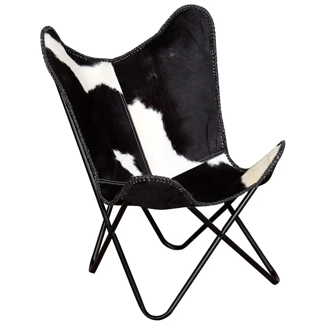 Butterfly Chair Black Real Cowhide Leather Armchair Accent Lounge Seating