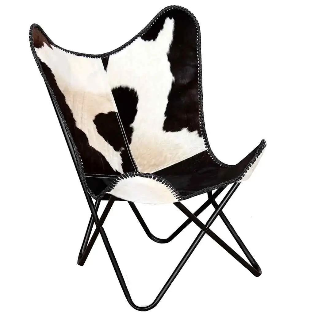 Butterfly Chair Black Real Cowhide Leather Armchair Accent Lounge Seating