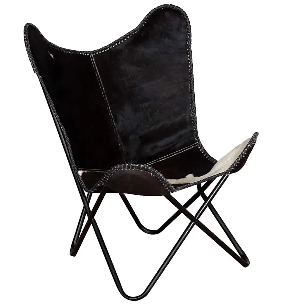 Butterfly Chair Black Real Cowhide Leather Armchair Accent Lounge Seating