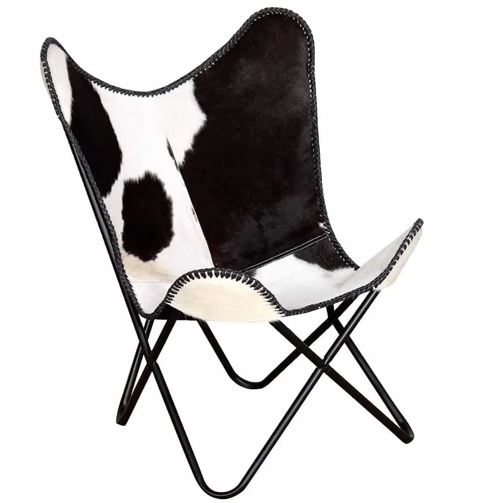 Butterfly Chair Black Real Cowhide Leather Armchair Accent Lounge Seating