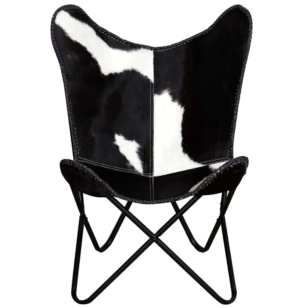 Butterfly Chair Black Real Cowhide Leather Armchair Accent Lounge Seating