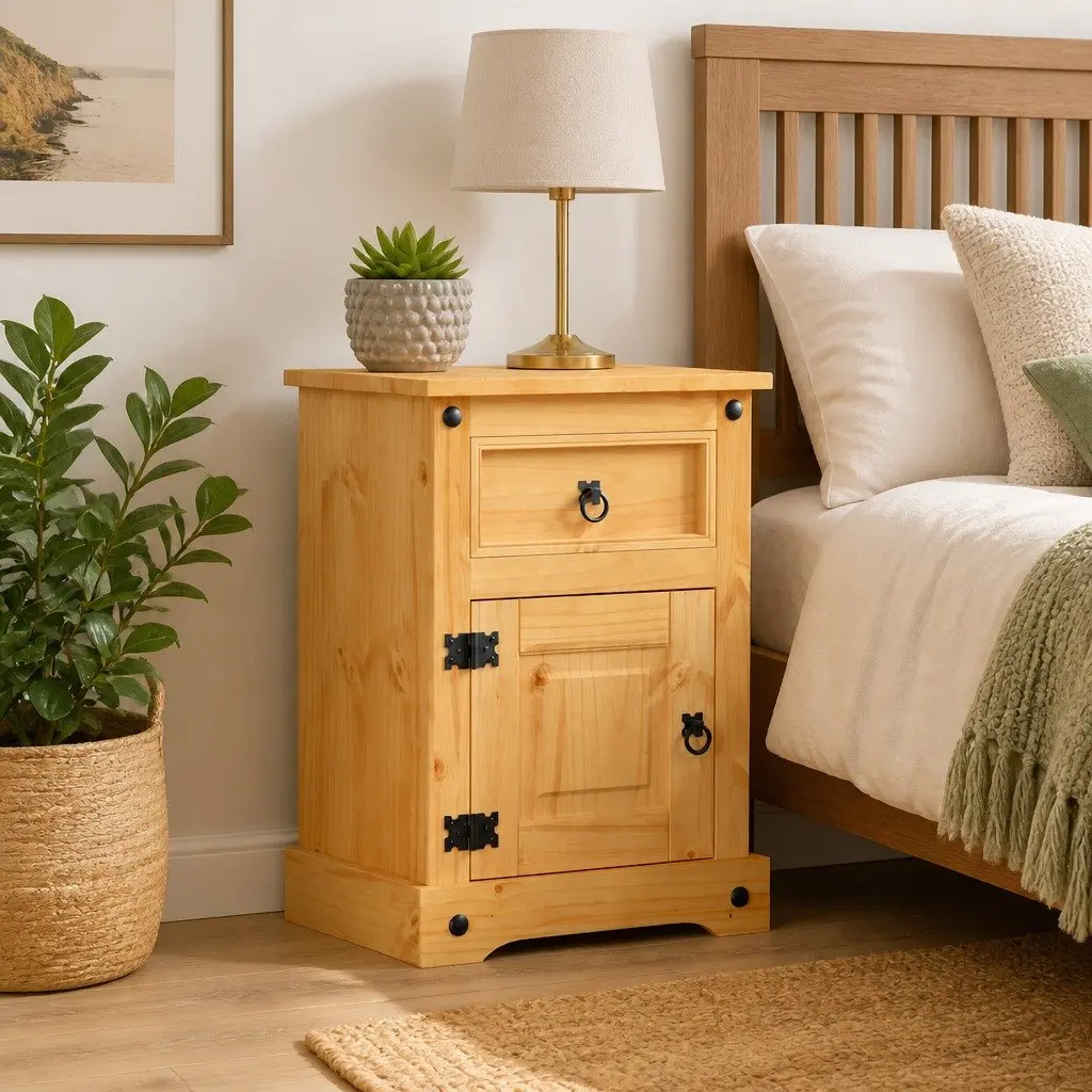 Bedside Cabinet Mexican Pine Corona Style Brown Wooden Nightstand Side Table