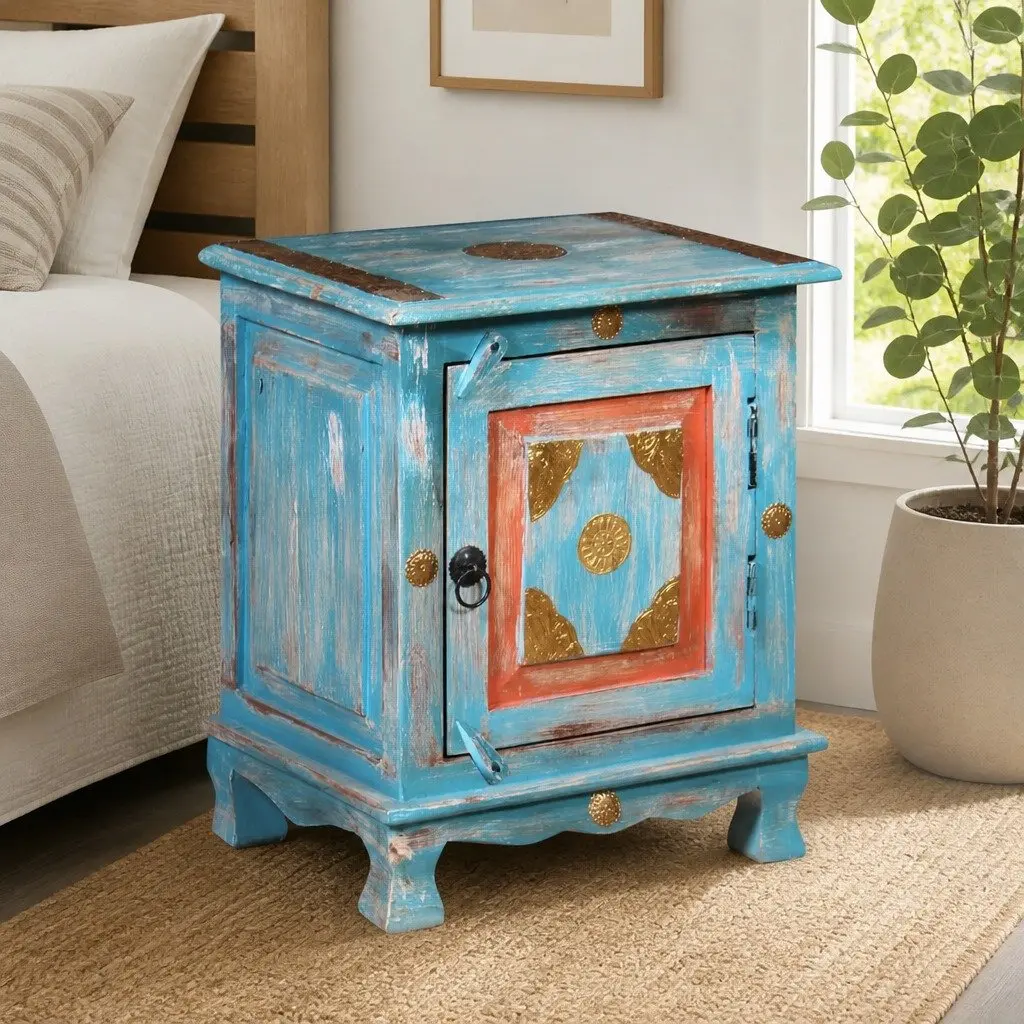 Bedside Table Solid Mango Wood Blue Indian Style Cabinet