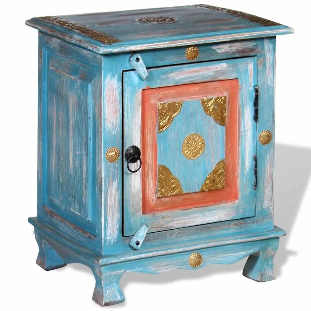 Bedside Table Solid Mango Wood Blue Indian Style Cabinet