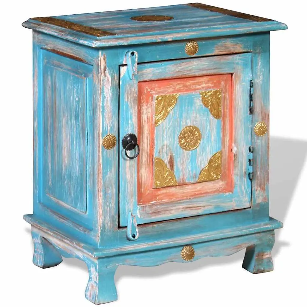 Bedside Table Solid Mango Wood Blue Indian Style Cabinet