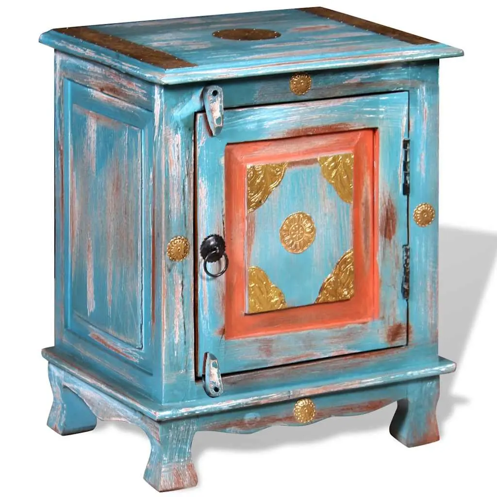 Bedside Table Solid Mango Wood Blue Indian Style Cabinet