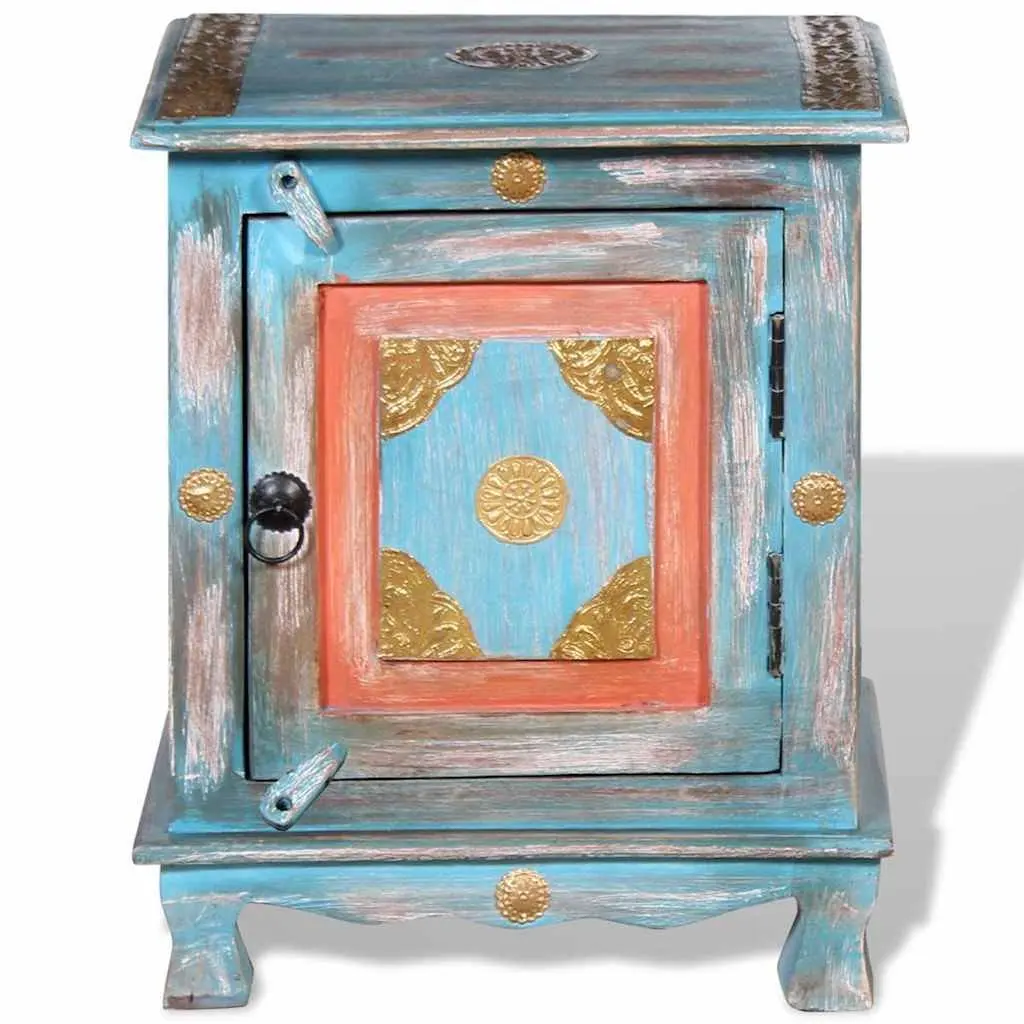 Bedside Table Solid Mango Wood Blue Indian Style Cabinet