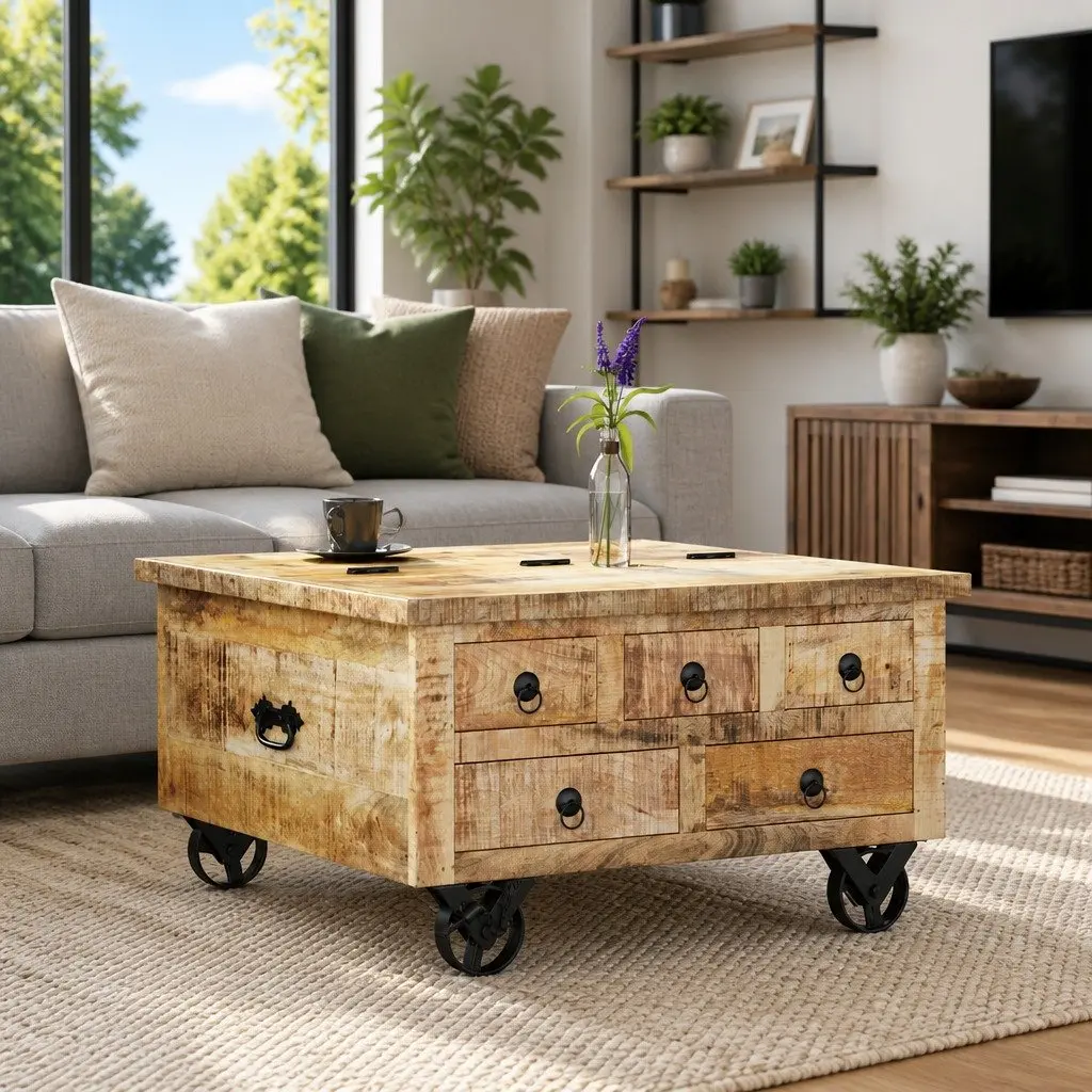 Industrial Wooden Coffee Table with Drawers 70 x 70 x 40 cm Solid Mango Wood