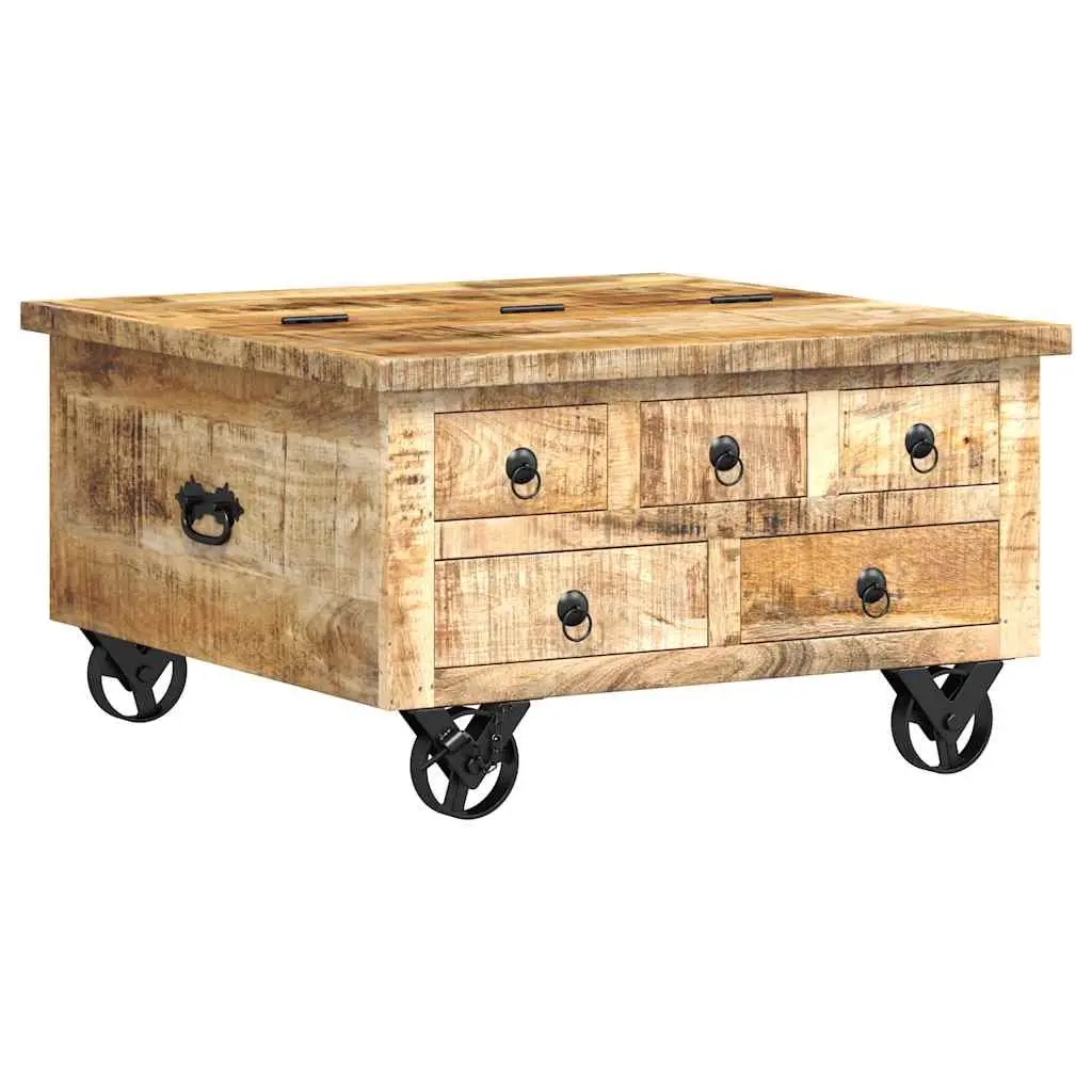 Industrial Wooden Coffee Table with Drawers 70 x 70 x 40 cm Solid Mango Wood