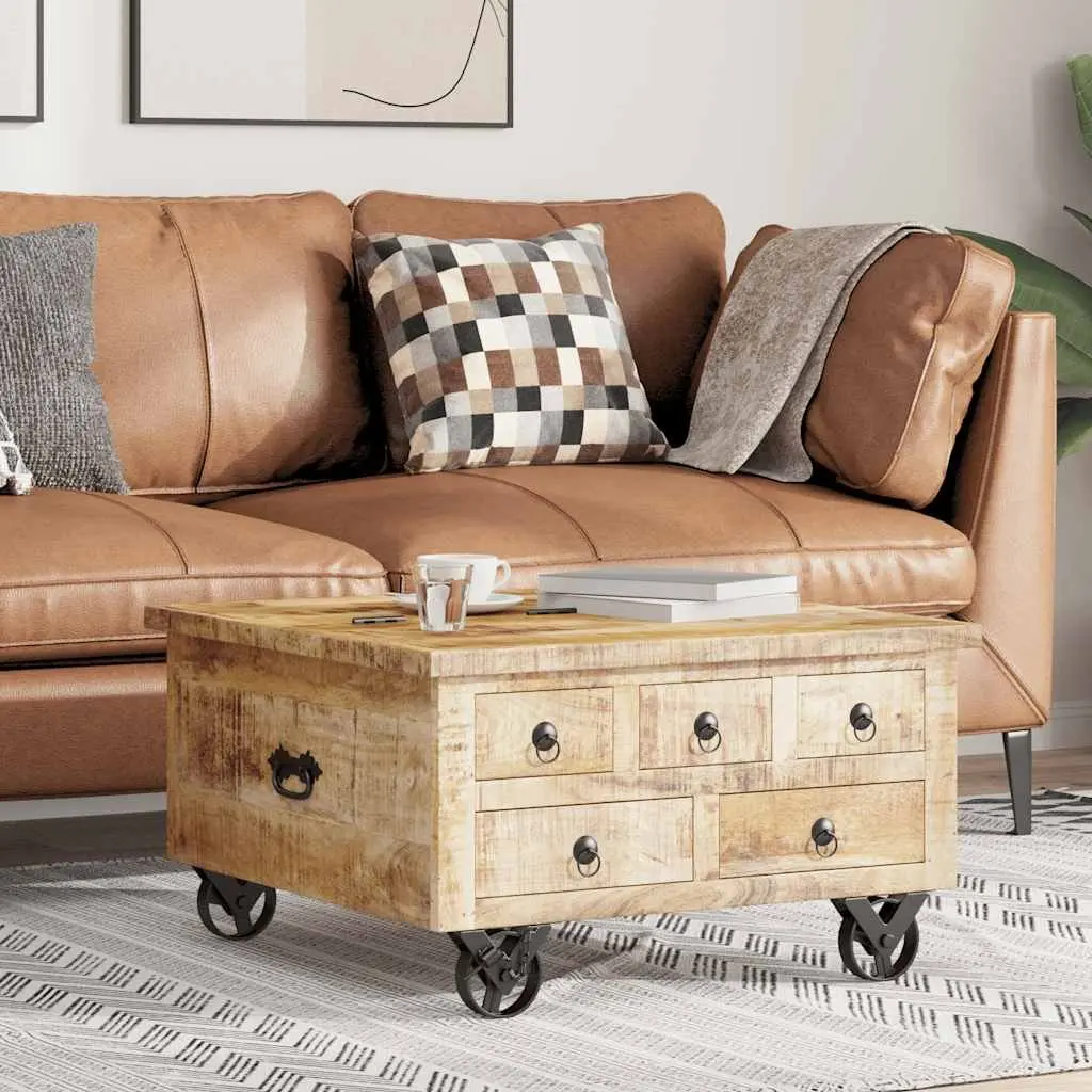 Industrial Wooden Coffee Table with Drawers 70 x 70 x 40 cm Solid Mango Wood