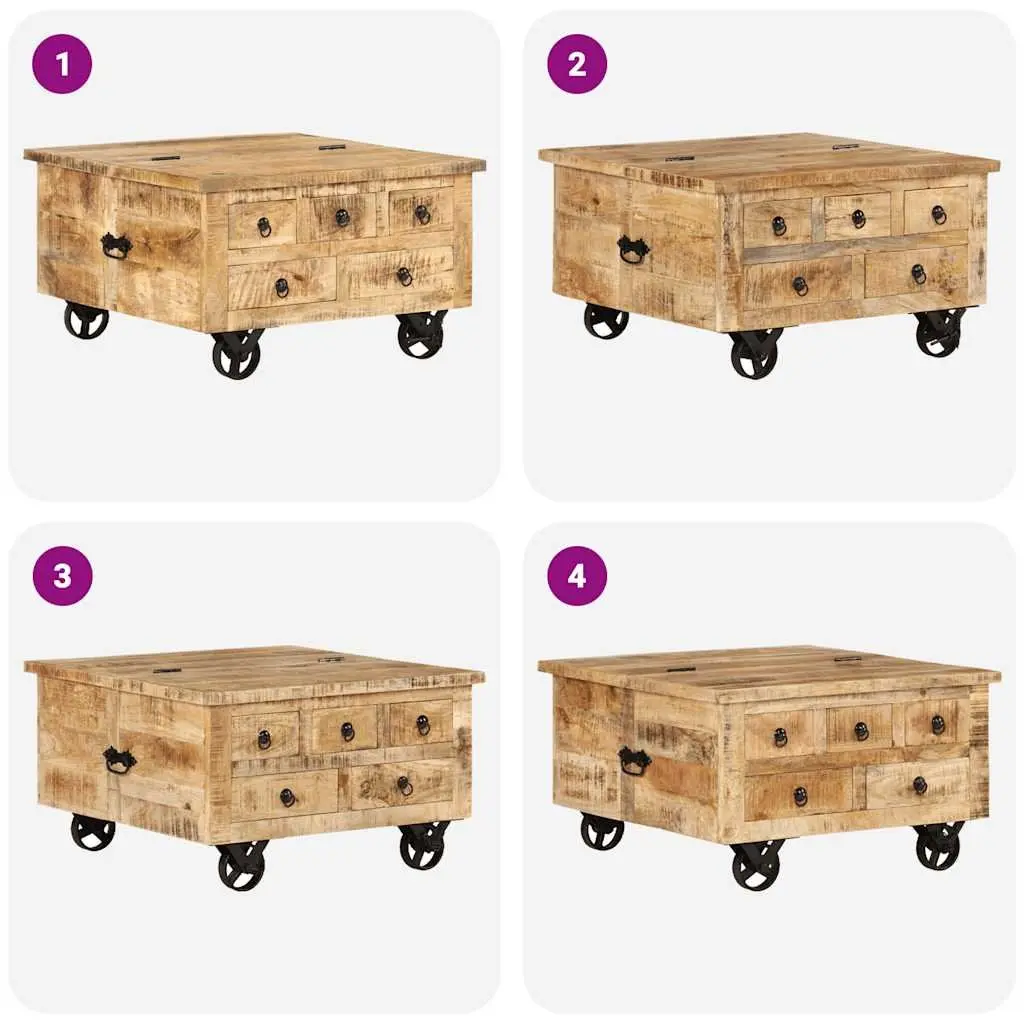 Industrial Wooden Coffee Table with Drawers 70 x 70 x 40 cm Solid Mango Wood