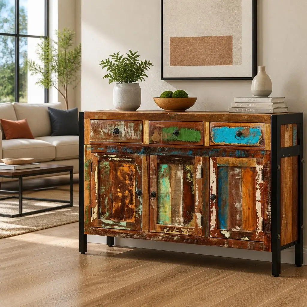 Sideboard Solid Reclaimed Wood 120x35x76cm Antique Style Buffet Cabinet with 3 Drawers and 3 Compartments