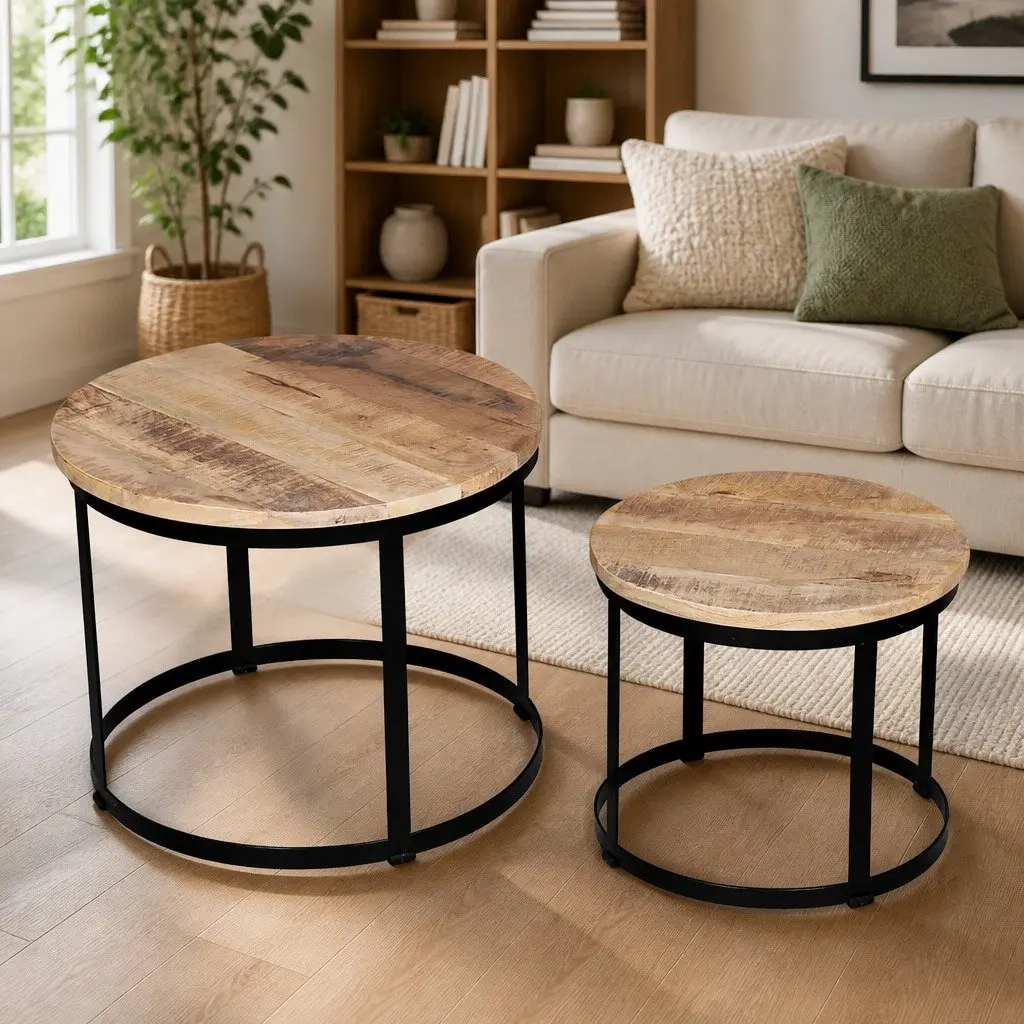 Coffee Table Set 2 Pieces Round 40/50 cm Wooden Accent Tables Living Room