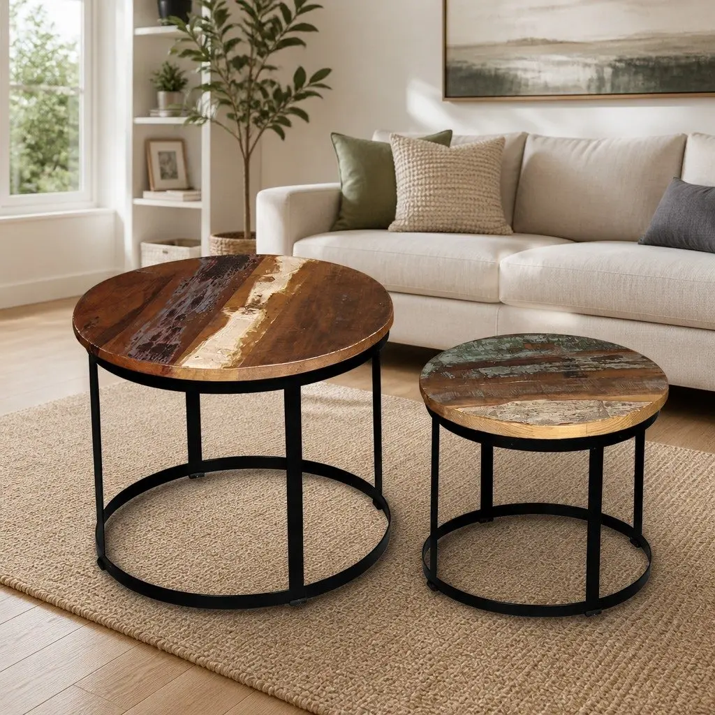 Coffee Table Set Round Industrial Vintage Reclaimed Wood 40cm 50cm