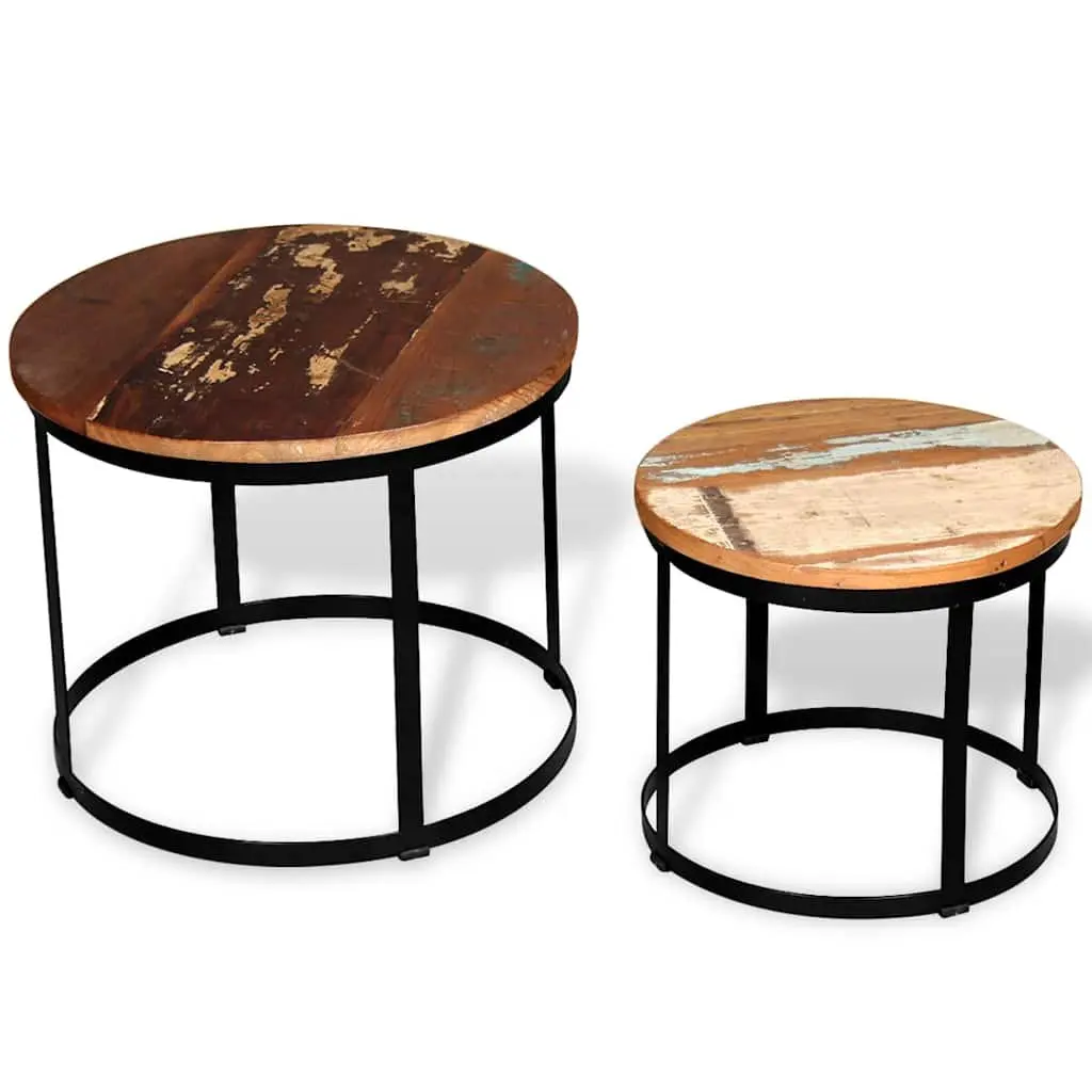 Coffee Table Set Round Industrial Vintage Reclaimed Wood 40cm 50cm