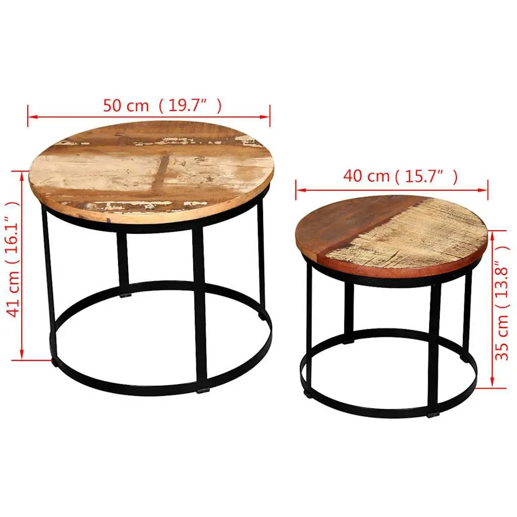 Coffee Table Set Round Industrial Vintage Reclaimed Wood 40cm 50cm
