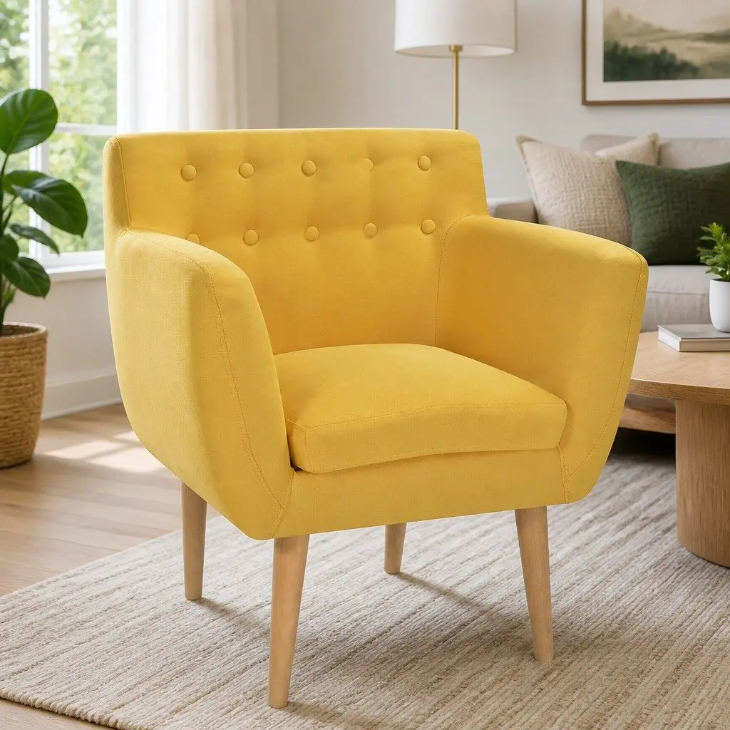 Armchair Yellow Fabric Modern Living Room Lounge Seat Wooden Frame Padded