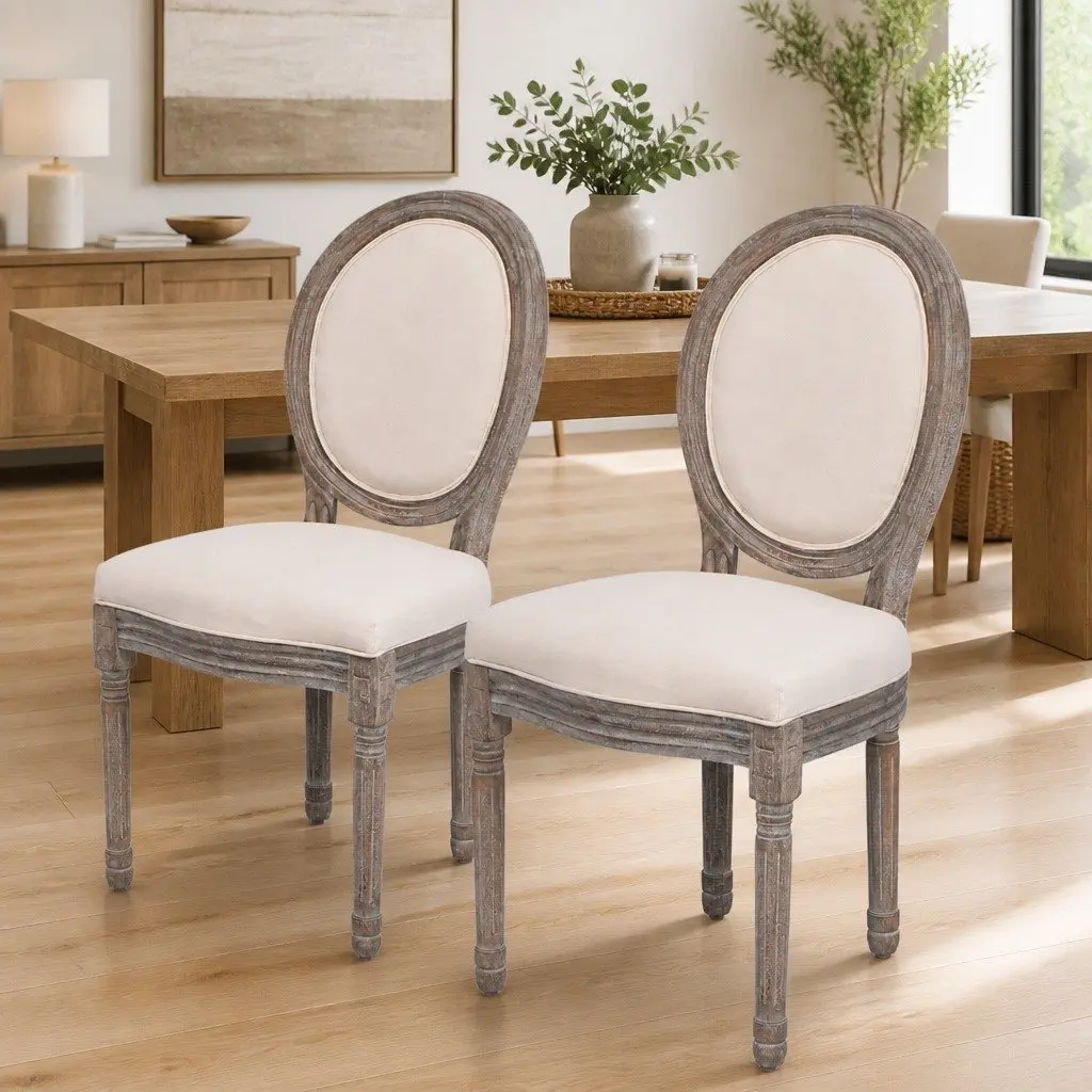 Dining Chairs Cream Fabric Padded Seat Wooden Legs 2 Piece