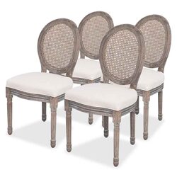 Friendly Set of 4 Dining Chairs: Cream Linen & Rattan Style
