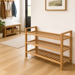 Wooden Shoe Rack Organiser 3 Shelf Storage Hallway Brown Oak 100x27x60cm