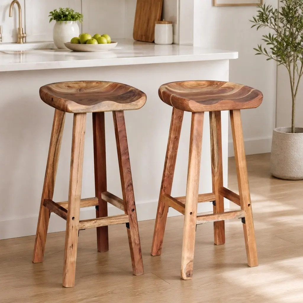 Bar Stools Handmade Brown Solid Acacia Wood 2 Piece