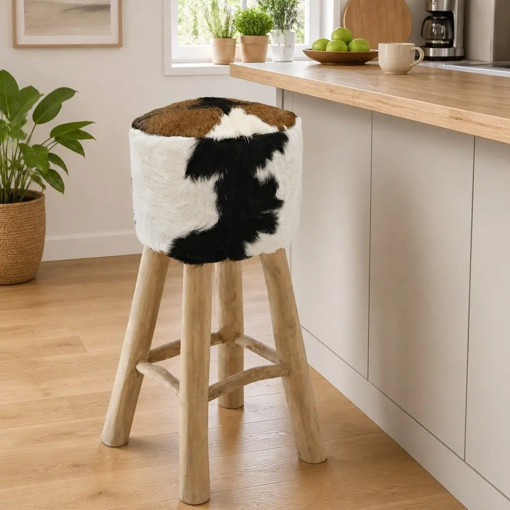 Teak Wood Frame Bar Stool with Goat Leather Upholstered Seat Rustic Brown