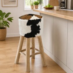 Bar Stool with Goat Leather Seat and Teak Wood Frame Rustic Brown Dining