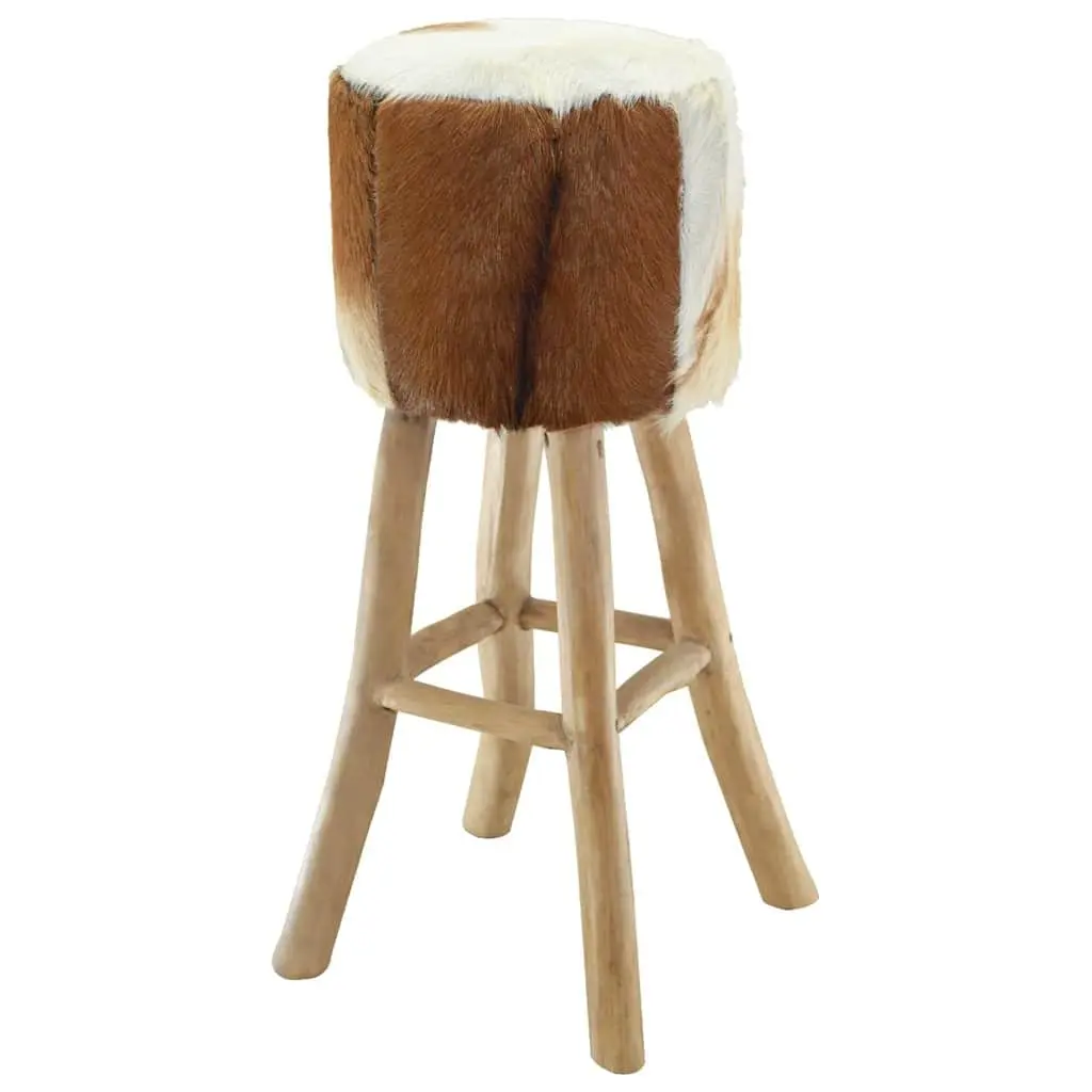 Teak Wood Frame Bar Stool with Goat Leather Upholstered Seat Rustic Brown