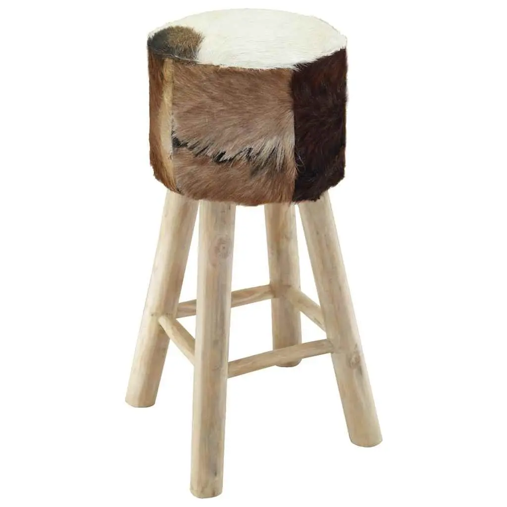 Teak Wood Frame Bar Stool with Goat Leather Upholstered Seat Rustic Brown