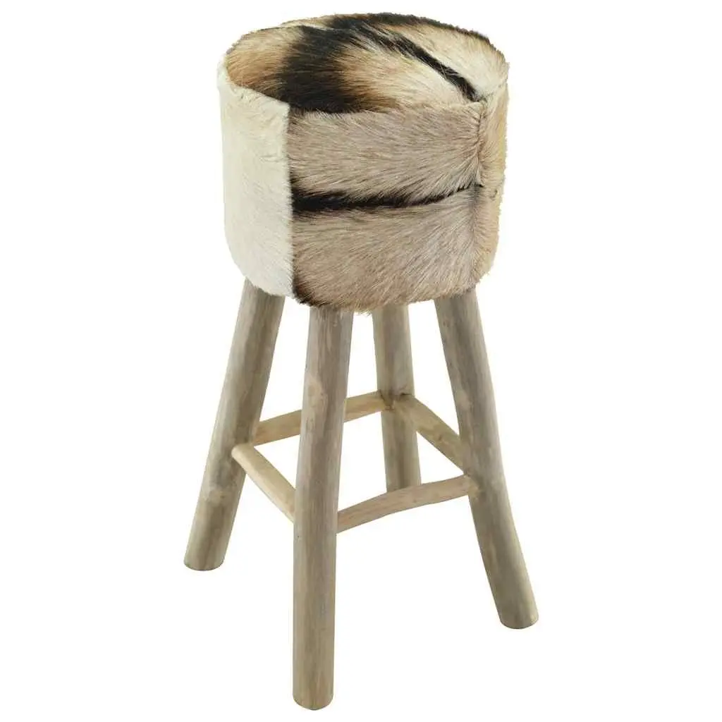 Teak Wood Frame Bar Stool with Goat Leather Upholstered Seat Rustic Brown
