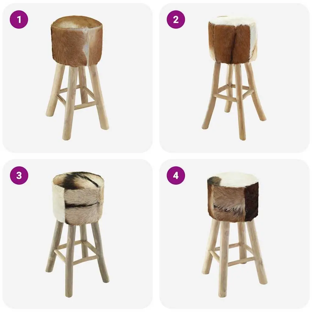 Teak Wood Frame Bar Stool with Goat Leather Upholstered Seat Rustic Brown