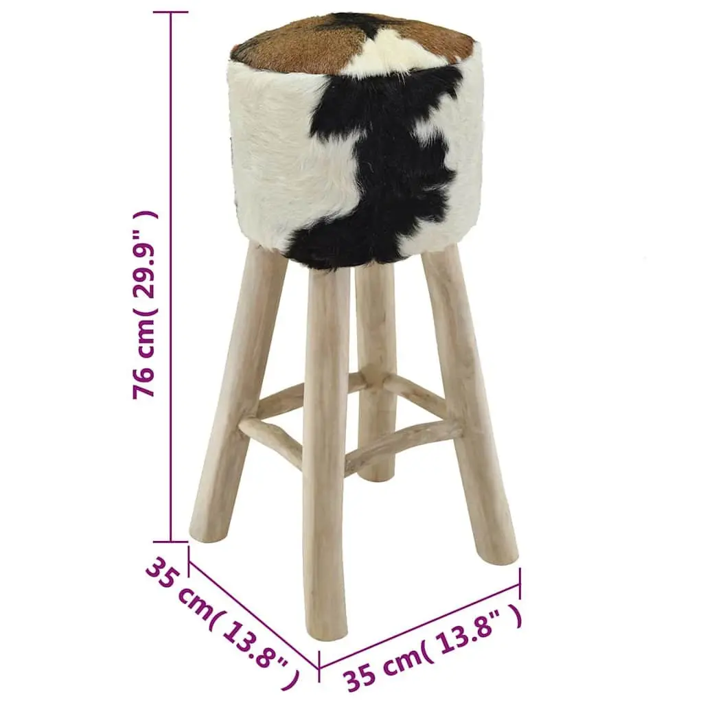 Teak Wood Frame Bar Stool with Goat Leather Upholstered Seat Rustic Brown