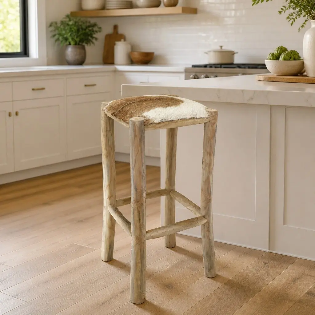 Teak Wood Frame Bar Stool Goat Leather Seat Rustic Brown Dining