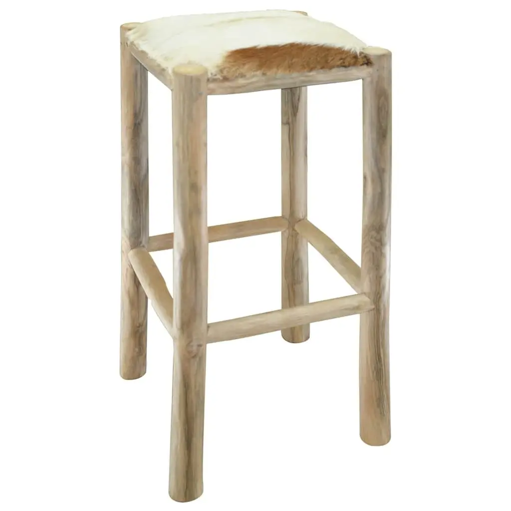 Teak Wood Frame Bar Stool Goat Leather Seat Rustic Brown Dining