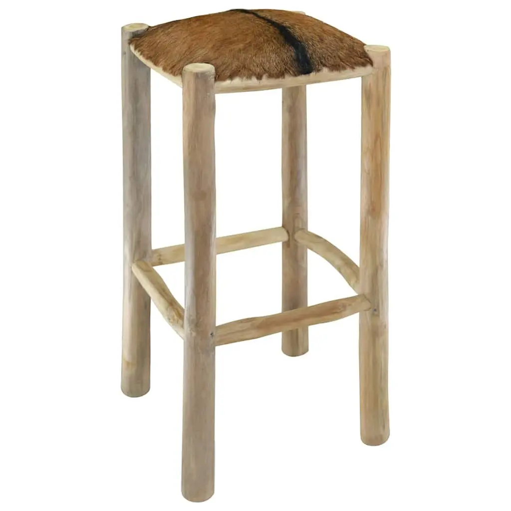 Teak Wood Frame Bar Stool Goat Leather Seat Rustic Brown Dining