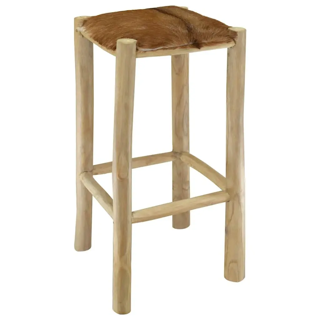 Teak Wood Frame Bar Stool Goat Leather Seat Rustic Brown Dining