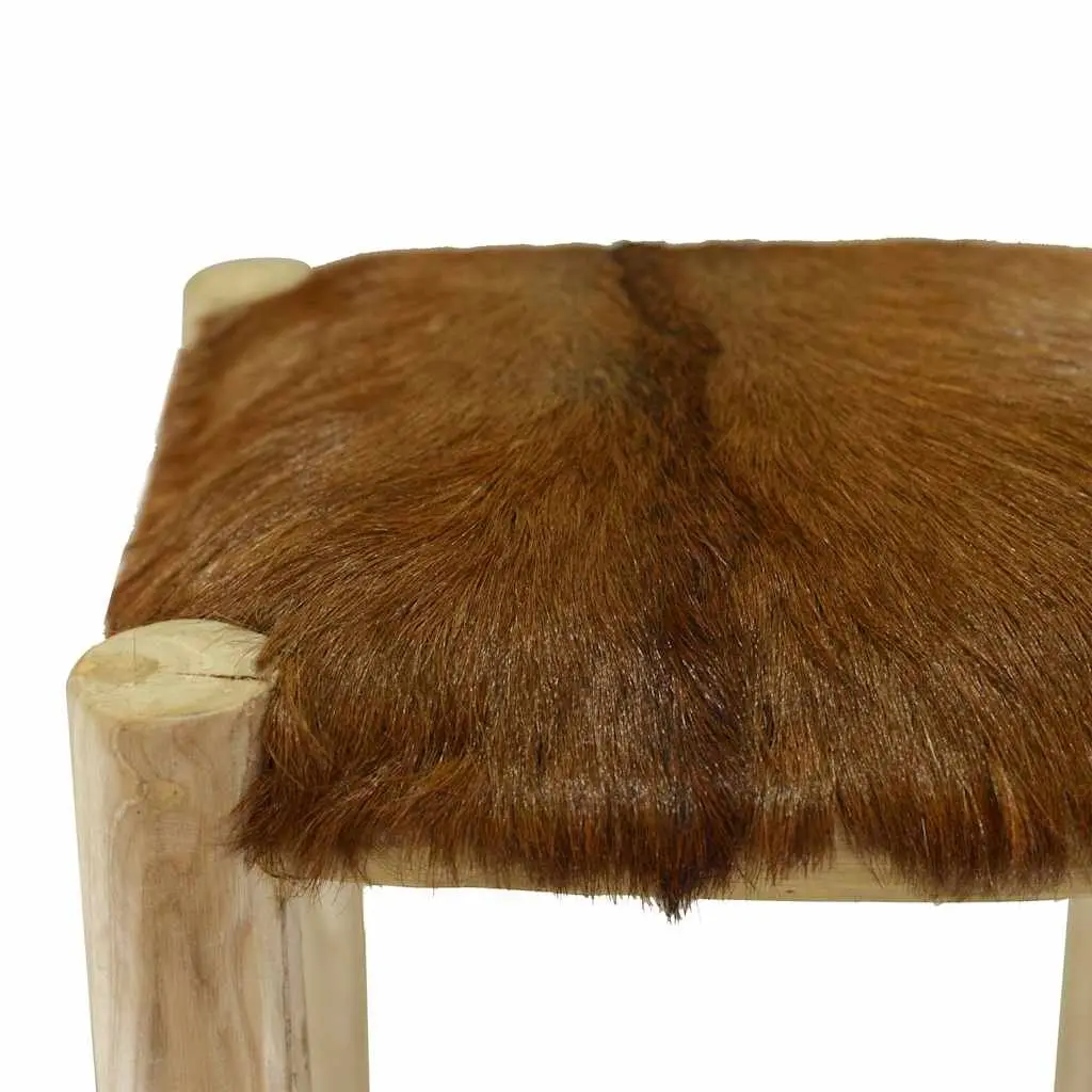 Teak Wood Frame Bar Stool Goat Leather Seat Rustic Brown Dining