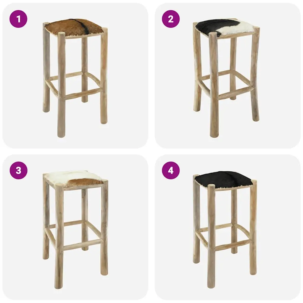 Teak Wood Frame Bar Stool Goat Leather Seat Rustic Brown Dining