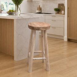 Bar Stool Solid Teak Wood Brown Rustic Design Curved Legs Dining Kitchen