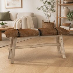Friendly Goat Leather Bench with Teak Frame for Home