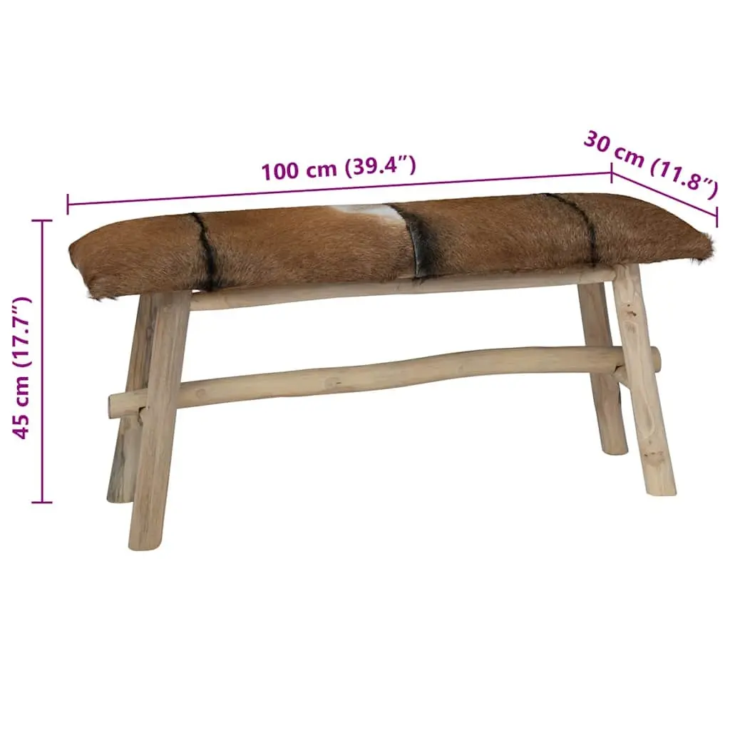 Goat Leather Bench Teak Frame Multicolour Storage Entryway Living Room Furniture
